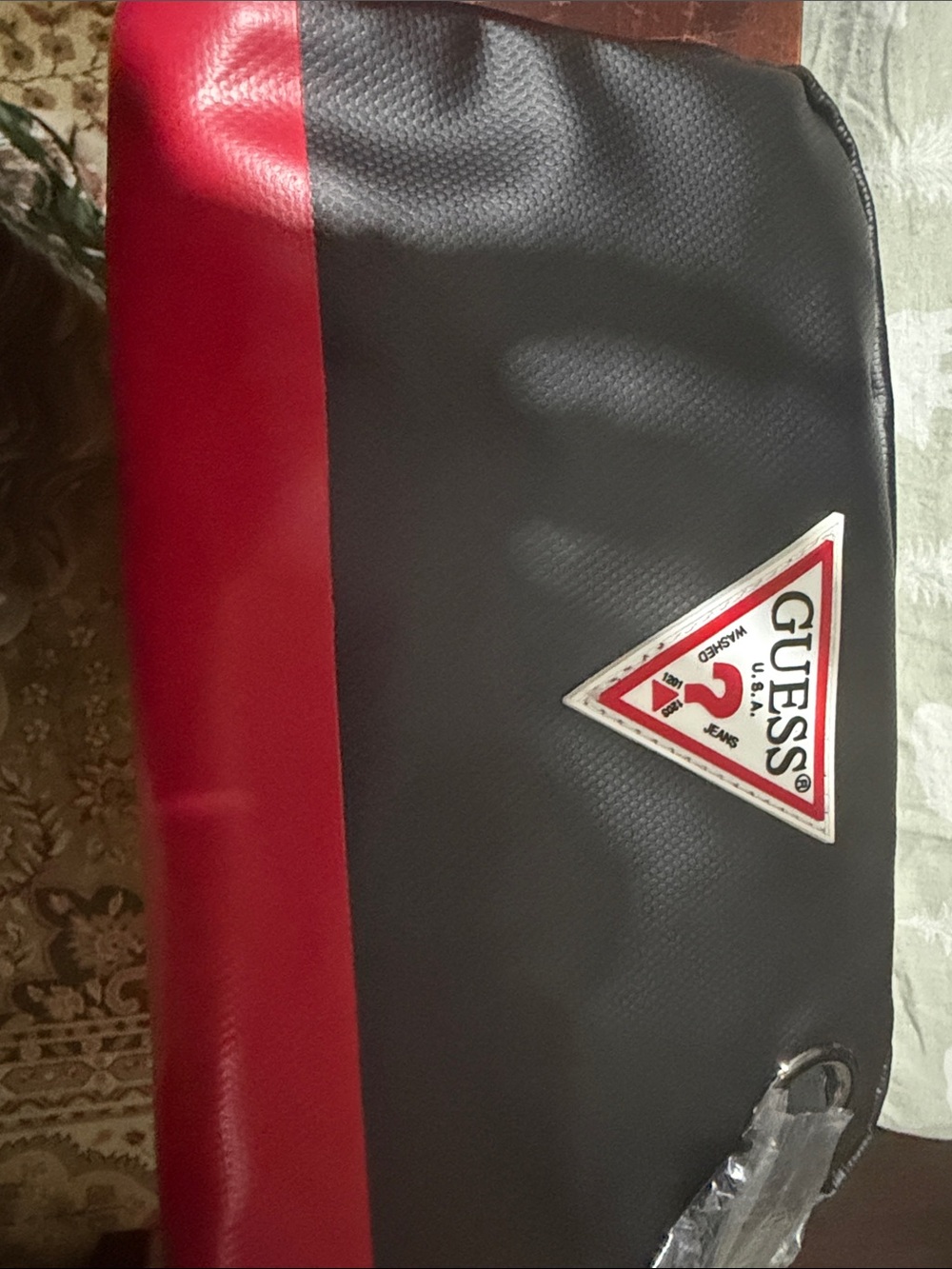 GUESS Black and Red Men's Laptop Sling Bag with Triangle Logo